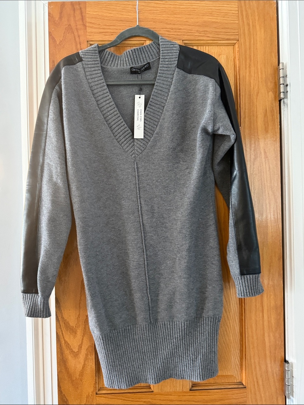 Central Park West  Grey V-Neck Sweater Dress with Black Faux Leather Sleeves
